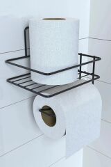 KanguruMarkt® Kendiliğinden Yapışkanlı Tuvalet Kağıdı Tutacağı ve Yedek Raf - Siyah Modern Metal Tasarım