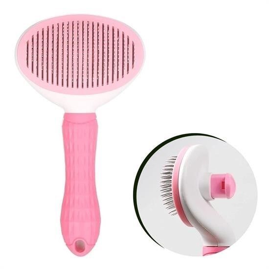 KanguruMarkt® Kedi Köpek Tüy Toplayıcı Kendini Temizleyebilen Ergonomik Saplı Evcil Hayvan Tarağı Pembe