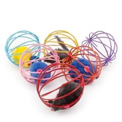 KanguruMarkt® Renkli Metal Kafesli Peluş Fareli Kedi Köpek Oyuncağı Oyun Topu 6 cm