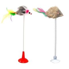 KanguruMarkt® 2li Vantuzlu Fareli Tüylü Hareketli Çanlı ve Esneyen Eğlenceli Peluş Kedi Oyuncağı