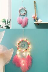 KanguruMarkt® El Yapımı Kuş Tüyü ve Led Işıklı Dekoratif Asma Düş Rüya Kapanı