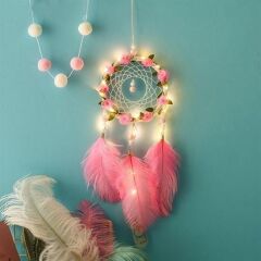 KanguruMarkt® El Yapımı Kuş Tüyü ve Led Işıklı Dekoratif Asma Düş Rüya Kapanı