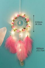 KanguruMarkt® El Yapımı Kuş Tüyü ve Led Işıklı Dekoratif Asma Düş Rüya Kapanı