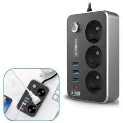 KanguruMarkt® Isıya Dayanıklı Termal Akım Korumalı 2 Mt 10A 2500W 3lü Priz ve 3 Usbi 21A Uzatma Kablosu