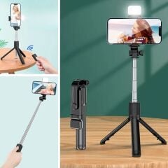 KanguruMarkt® Kendiliğinden Işıklı Masaüstü Tripod Olabilen Telefon Tutuculu Kablosuz Kumandalı Selfie Çubuğu