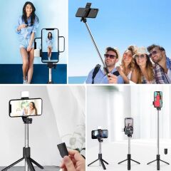 KanguruMarkt® Kendiliğinden LED Işıklı Kumandalı Uzayabilen Selfie Çubuğu,Masa Üstü Tripod