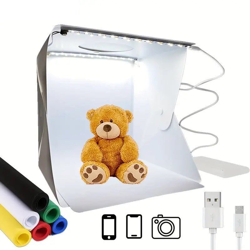 KanguruMarkt® Katlanır Işıklı Fotoğraf Stüdyosu 40x40 cm 6 Renk Fonlu Ürün Çekimi İçin Uygun Fotoğraf Çekim Kutusu