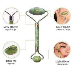 KanguruMarkt® Özel Süngerli Kutusunda Kırılmaz Çift Taraflı 2li Cilt Yüz Masaj Aleti Jade Roller Yeşim Taş