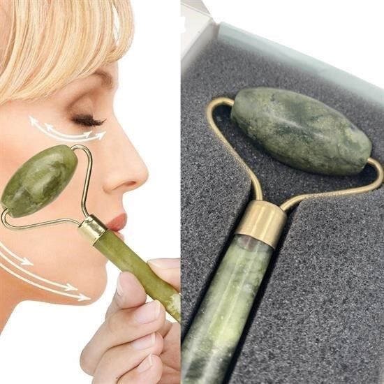 KanguruMarkt® Özel Süngerli Kutusunda Kırılmaz Çift Taraflı 2li Cilt Yüz Masaj Aleti Jade Roller Yeşim Taş