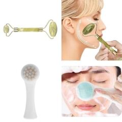 KanguruMarkt® 2li Set Çift Taraflı Cilt Temizleme Fırçası ve Yeşim Taşı Çift Taraflı Cilt Masaj Aleti