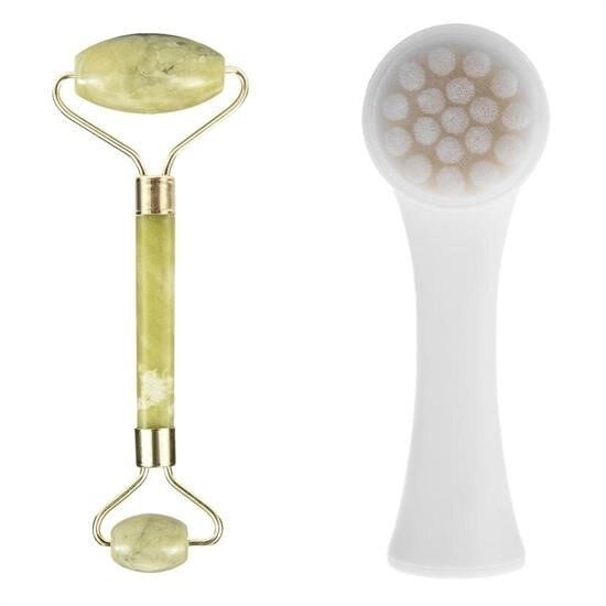 KanguruMarkt® 2li Set Çift Taraflı Cilt Temizleme Fırçası ve Yeşim Taşı Çift Taraflı Cilt Masaj Aleti