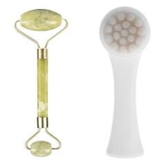 KanguruMarkt® 2li Set Çift Taraflı Cilt Temizleme Fırçası ve Yeşim Taşı Çift Taraflı Cilt Masaj Aleti