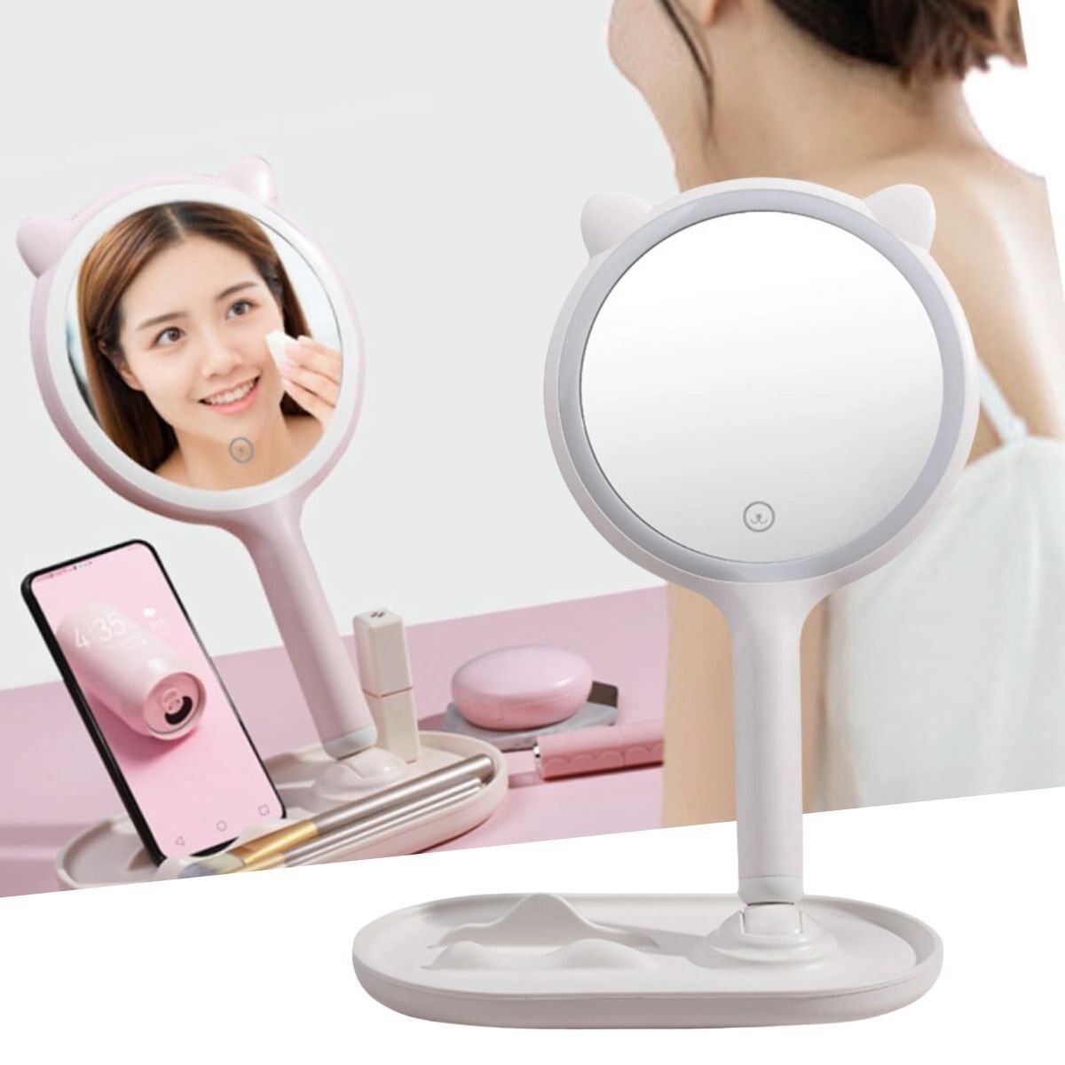 Kedi Kulaklı Telefon Standlı Dokunmatik Led Ayarlı Masa Üstü Makyaj Aynası