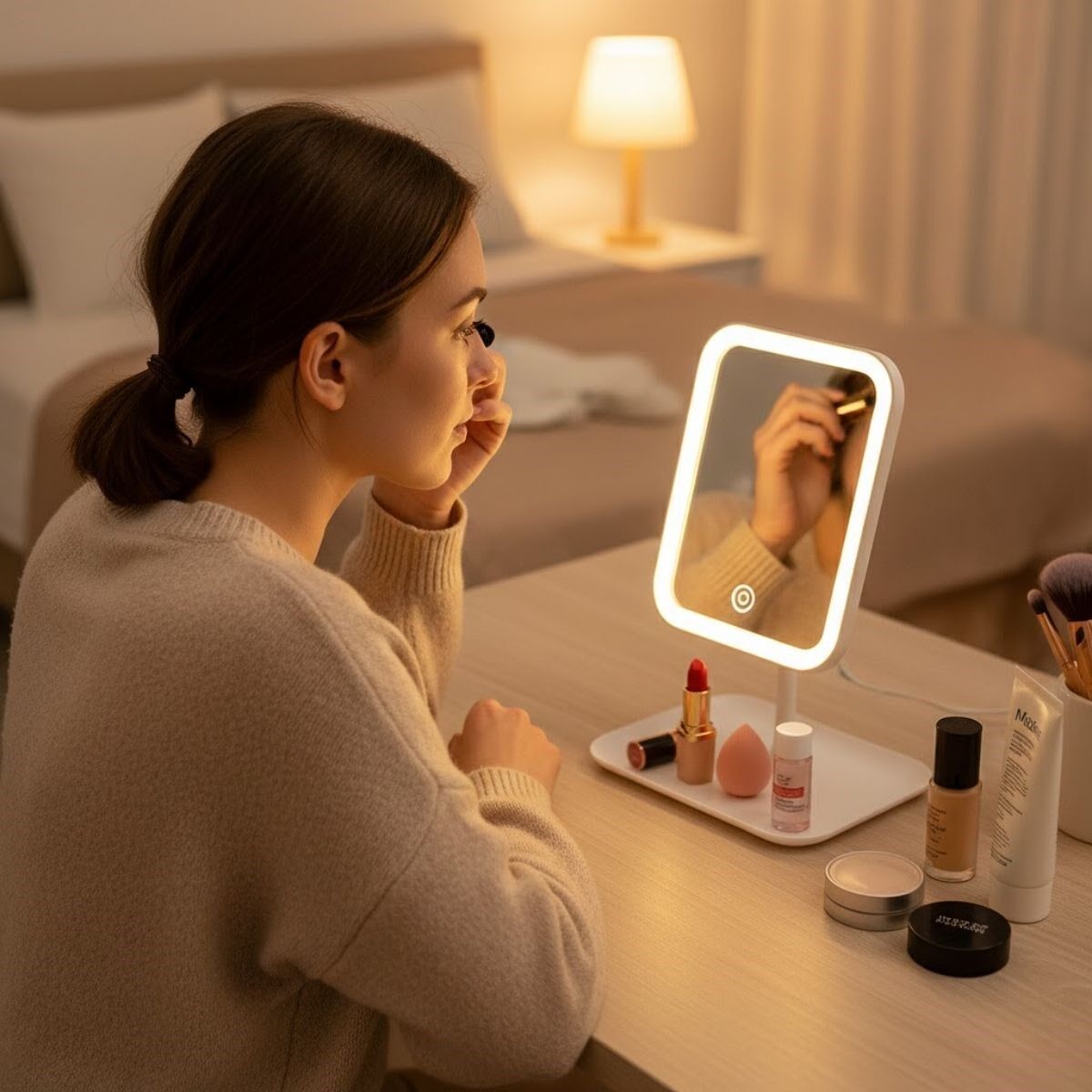 Dokunmatik LED Işıklı Kare Makyaj Aynası Altı Organizer