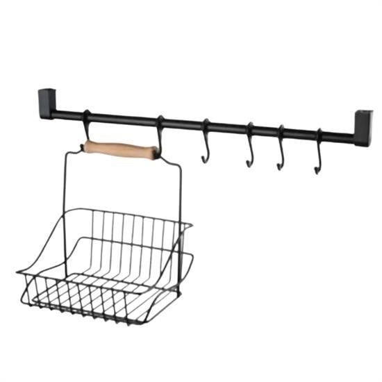 KanguruMarkt® Retro Ferforje Askılı Siyah  Ahşap Kulplu Düzenleyici Mutfak Sepeti