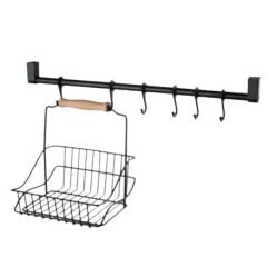 KanguruMarkt® Retro Ferforje Askılı Siyah  Ahşap Kulplu Düzenleyici Mutfak Sepeti