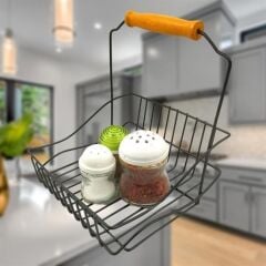 KanguruMarkt® Retro Ferforje Askılı Siyah  Ahşap Kulplu Düzenleyici Mutfak Sepeti