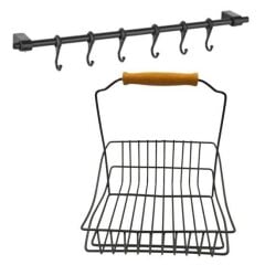 KanguruMarkt® Retro Ferforje Askılı Siyah  Ahşap Kulplu Düzenleyici Mutfak Sepeti