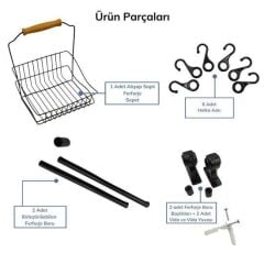 KanguruMarkt® Retro Ferforje Askılı Siyah  Ahşap Kulplu Düzenleyici Mutfak Sepeti