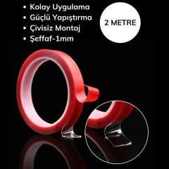 KanguruMarkt® 2 Metre Şeffaf Ekstra Güçlü Banyo Mutfak Posta Ofis Çift Taraflı Akrilik Silikon VHB Bant
