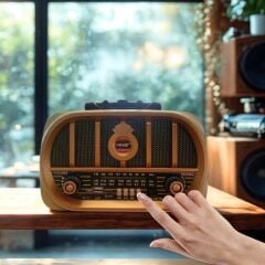 KanguruMarkt® Orta Boy Retro, Nostaljik, Ahşap Tasarım Bluetooth Hoparlörlü, Şarjlı, Taşınabilir Oval Ön Yüzlü FM/AM Destekli Radyo NS6687