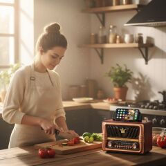 Büyük Boy Telefon Tutma Saplı Retro Bluetooth Hoparlörlü Radyo