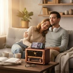 KanguruMarkt® Büyük Boy Telefon Tutma Saplı Retro Ahşap Tasarım Bluetooth Hoparlörlü Radyo – FM/AM Destekli, Şarjlı ve Taşınabilir Radyo NS-8077