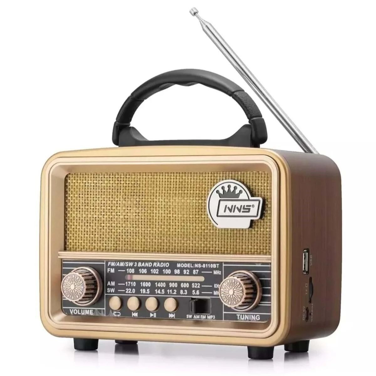 KanguruMarkt Orta  Boy Retro, Nostaljik, Ahşap Tasarım Bluetooth Hoparlörlü, Şarjlı, Taşınabilir FM/AM Destekli Radyo NS-8110