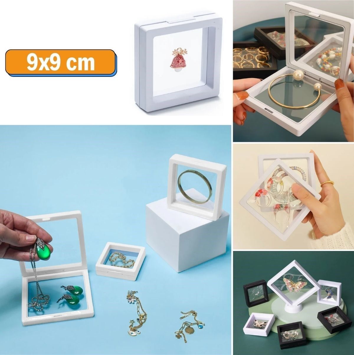 KanguruMarkt® 9x9 cm Standlı 3D Takı Ziynet Hatıra Koleksiyon Saklama Kutusu Şeffaf Film Çerçevesi