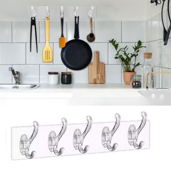 KanguruMarkt® 5'li Güçlü Yapışkanlı Şeffaf Duvar Askısı Banyo Mutfak Düzenleyici Pratik Askılık