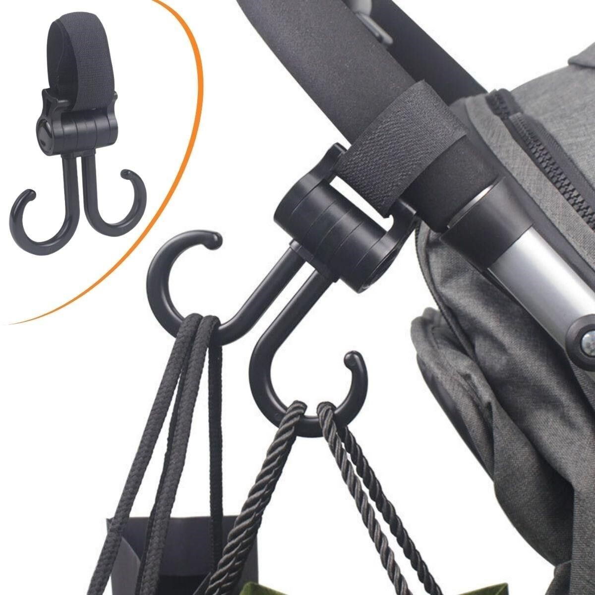 KanguruMarkt® 2li Bebek Arabasına Uyumlu Cırtlı  Eşya Taşıma Aparatı 360 Derece Dönebilen Plastik Kanca