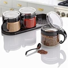 KanguruMarkt® Siyah 3lü Standlı Kapaklı Kaşıklı Cam Hava Sızdırmaz Baharatlık Takımı KC-386