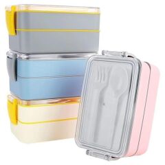 KanguruMarkt® 2 Bölmeli Çok Amaçlı 900 ml Kapasiteli Çatal Kaşıklı Dayanıklı Beslenme Kabı Yiyecek Kutusu