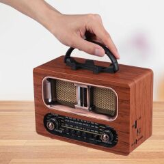 KanguruMarkt® Büyük Boy Retro, Nostaljik, Ahşap Tasarım Bluetooth Hoparlörlü, Şarjlı, Taşınabilir FM/AM Destekli Radyo NS-6635