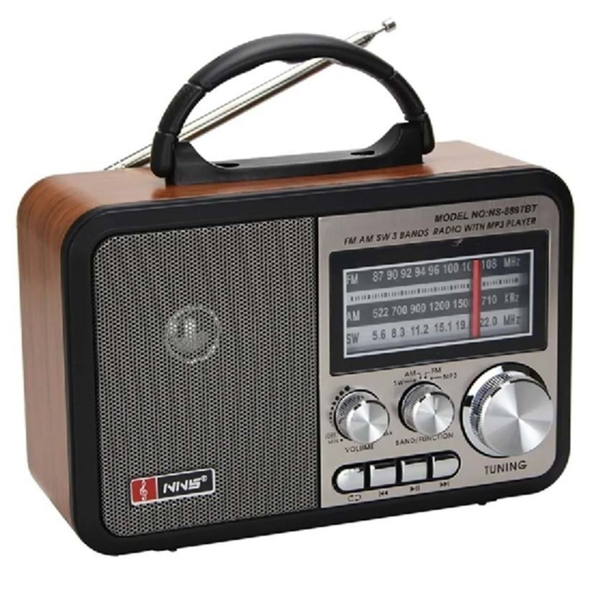 KanguruMarkt® Orta Boy Retro, Nostaljik, Ahşap Tasarım Bluetooth Hoparlörlü, Şarjlı, Taşınabilir FM/AM Destekli Radyo NS-8897