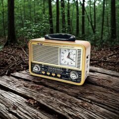 KanguruMarkt® Orta Boy Saat Göstergeli Retro Ahşap Tasarım Bluetooth Hoparlörlü Radyo – FM/AM Destekli, Şarjlı ve Taşınabilir Radyo NS-8898
