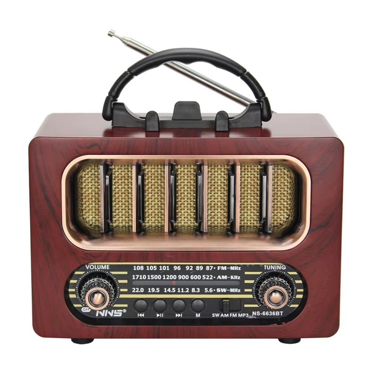 KanguruMarkt® Orta Boy Retro Ahşap Tasarım Bluetooth Hoparlörlü Radyo – FM/AM Destekli, Şarjlı ve Taşınabiliri Radyo NS-6636