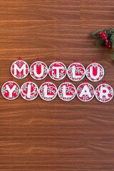 Kırmızı Beyaz İpli MUTLU YILLAR Yazılı Ahşap Yılbaşı Ağaç Süsü