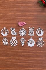 10 Parça Kırmızı Beyaz İpli Karışık Model Ahşap Yılbaşı Ağaç Süsü