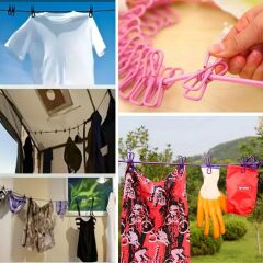 KanguruMarkt® Taşınabilir Seyahat Çamaşır İpi 12 Mandallı Klipsli Lastikli Çamaşır Mandalları