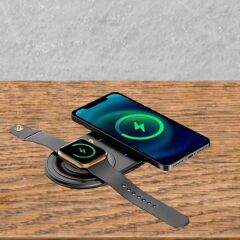 2si 1arada Kablosuz Saat, Kulaklık ve Telefon Hızlı Şarj Aparatı