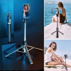 KanguruMarkt® Fotoğraf Makinası ve Telefon Takılabilen 2si 1 Arada 2.2m Uzayan Selfie Çubuğu Kumandalı Tripod