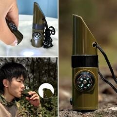 KanguruMarkt® 7si 1arada Acil Durum Düdüğü,El Feneri, Termometre,Pusula,Büyüteç,Depolama Bölmeli Kampçı Düdüğü