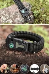 KanguruMarkt®  5'i 1 Arada Çok Fonksiyonlu Hayatta Kalma Bilekliği Pusula, Düdük, Çakmak Taşı ve Şemsiye İpi Bileklik