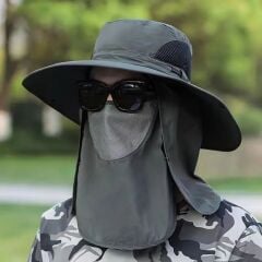 KanguruMarkt® Güneş Koruyuculu Nefes Alabilen Maskeli ve Boyun Kapaklı Geniş Kenarlı Balıkçı Şapkası