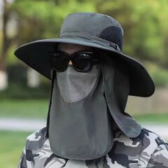 Güneş Koruyuculu Maskeli ve Boyun Kapaklı Geniş Kenarlı Balıkçı Şapkası