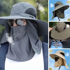 Güneş Koruyuculu Maskeli ve Boyun Kapaklı Geniş Kenarlı Balıkçı Şapkası