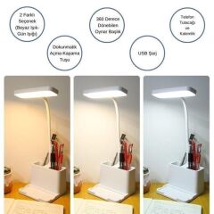 KanguruMarkt® Kalemlikli USBli Dokunmatik 3 Kademeli 360 Derece Özel Göz Korumalı led Lityum Masa Lambası