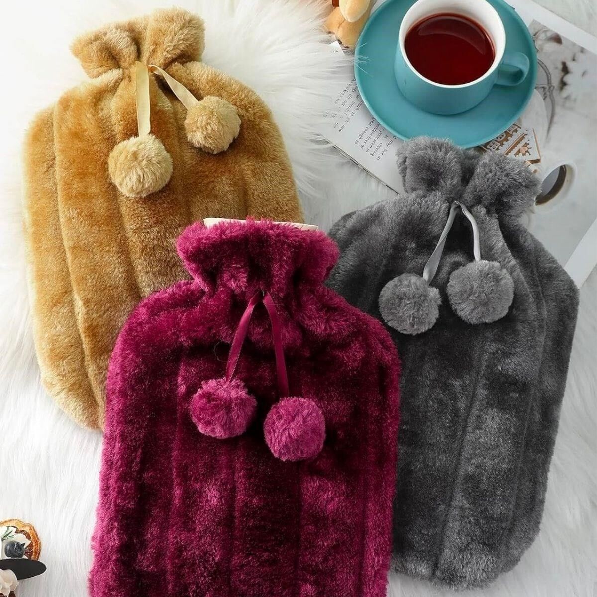 KanguruMarkt® 2 Litre Ponponlu Peluş Sıcak Su Torbası 1.Sınıf Kauçuk Malzeme